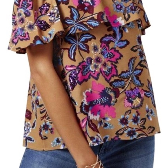 INC Sequined Floral Cold-shoulder Ruffle Blouse - Picture 5 of 5